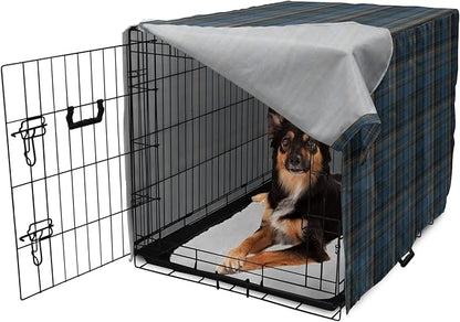 Lunarable Plaid Dog Crate Cover, Striped Geometric British Pattern Modern Design Elements in Patel Colors, Easy to Use Pet Kennel Cover for Medium Large Dogs, 36 Inch, Azure Blue and Marigold