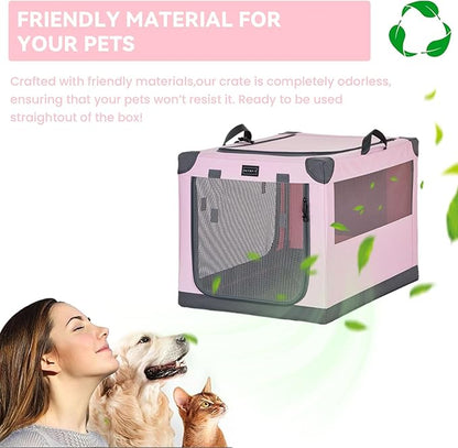 PETSFIT Soft Dog Crate, with Patented Adjustable Fabric Cover, Chewproof & Lockable Mesh Doors, Waterproof Base Collapsible Kennel Pink 30 Inch