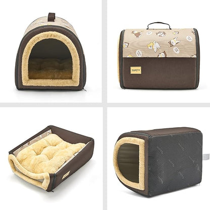 Jiupety Indoor Dog House, 2 in 1 Portable Foldable House Bed with Cover, Pet Tent & Cave Bed for Cats and Small Dogs, M(18"×14"×13"), Up to 11 Lb, Brown