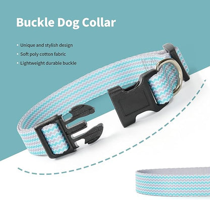Mile High Life Dog Collar | Cute Puppy Collars | Lightweight Girl Dog Collar | Soft Boy Dog Collars | w Geometric Plaid Wave Line Pattern (Green Wave, Large)