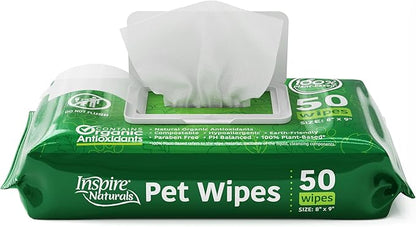 Inspire Naturals Pet Wipes for Dogs and Cats 100% Natural Plant Based with Organic Antioxidants, Dog Wipe Cleaning Deodorizing | Puppy Wipes | Dog Wipes for Paws and Butt(100ct - 2 Pack)