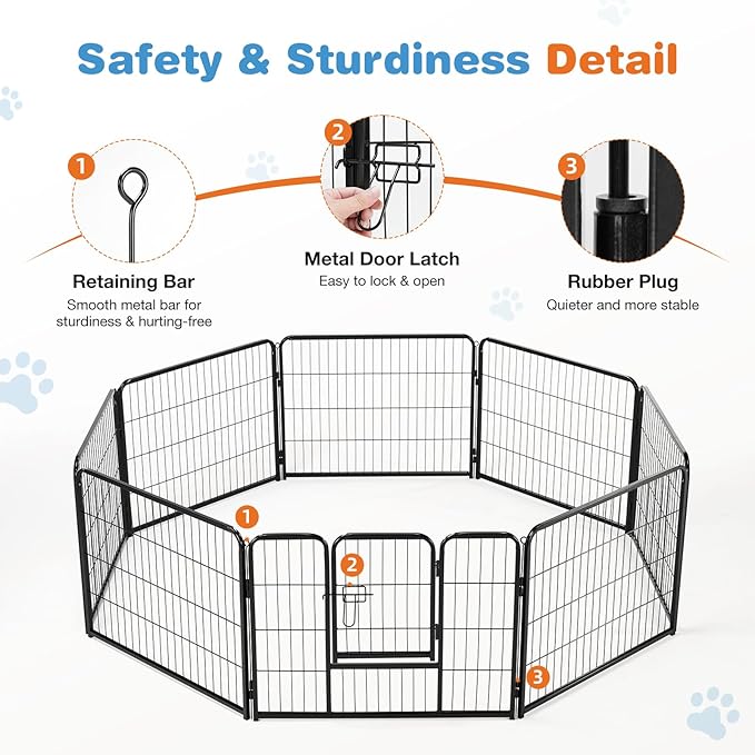 Sweetcrispy Dog Playpen Indoor - Puppy Fence Exercise Pen for Yard Gate 8 Panel 32” Height Playpens with Doors Heavy Duty Metal Dog Pen for Camping, RV, Outdoor, Small/Medium/Large Pets