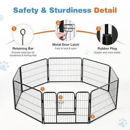 Sweetcrispy Dog Playpen Indoor - Puppy Fence Exercise Pen for Yard Gate 8 Panel 32” Height Playpens with Doors Heavy Duty Metal Dog Pen for Camping, RV, Outdoor, Small/Medium/Large Pets