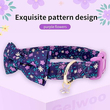 Fashionable Dog Collar with Bow Tie for Small Medium Large Dogs,Cute and Soft Puppy Collar for Male Female Dogs,Durable Cotton Dog Collar with Adjustable Buckle Butterfly Pattern (S, Purple Flower)