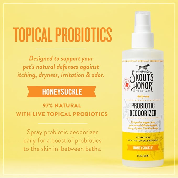 Skout's Honor Pet Deodorizer Spray- Hydrating Daily-Use with Avocado Oil & Omega-3s, Paraben & Sulfate-Free, 97% Natural, 8oz, Honeysuckle
