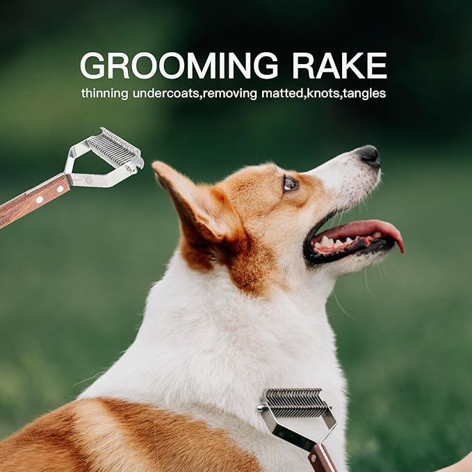 Pet Dematting Rake with 2 Sided Professional Pet Grooming Rake for Dogs and Cats 20-Blades Deshedding Detangle Thinning Undercoat Comb and Face Comb Kit with Wooden Handle