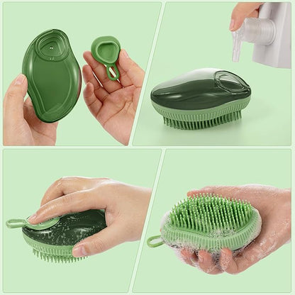 Pet Grooming Bath Massage Brush with Soap and Shampoo Dispenser Soft Silicone Bristle for Long Short Haired Dogs Cats (GREEN)