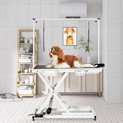 Professional Electric Dog Grooming Table Heavy Duty Pet Grooming Table Height Adjustable w/Leveling Wheels, Dog Grooming Arm, Anti Slip Tabletop &Tool Organizer, Dog Grooming Station 50" White