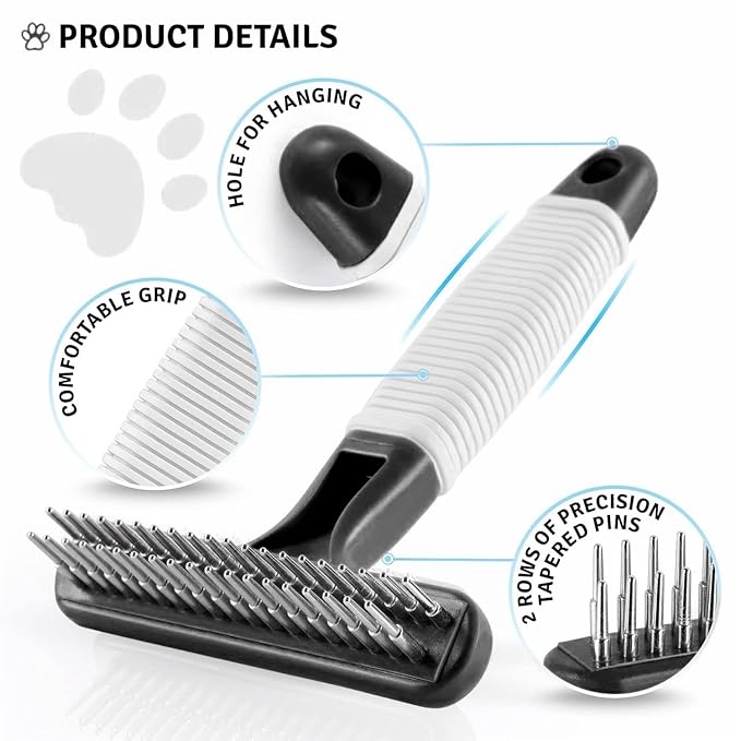 POODLIE Poodle Pet Dog Grooming Rake | Dematting Tool with Stainless Steel Shedding Comb for Pets | 2 Rows of Pins Gently Remove Loose or Tangled Hair from Undercoat (Black)