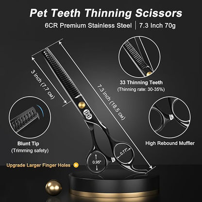 CIICII Dog Grooming Scissors Kit, 10-In-1 Professional Pet Grooming Scissors Set with Safety Round Tip (Dogs/Cat Hair Cutting Trimming Thinning Shears with Curved Scissors) for DIY Home Salon (Black)