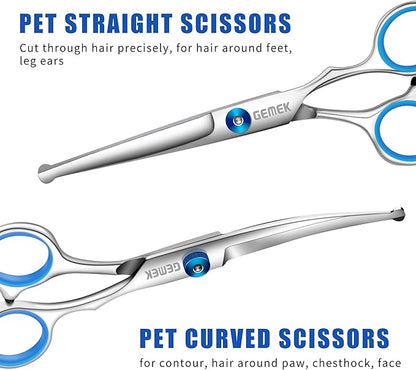 GEMEK Professional Grooming Scissors for Dogs with Safety Round Tips, Dog Grooming Scissors Set - Thinning, Straight, Curved Shears and Comb for Long Short Hair for Dog Cat Pet (Blue-5 in 1)