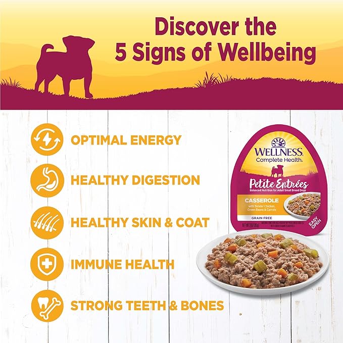 Wellness Natural Pet Food Petite Entrees Casserole Grain Free Natural Wet Small Breed Dog Food, Tender Chicken, Green Beans & Carrots, 3-Ounce Cup (Pack of 24)
