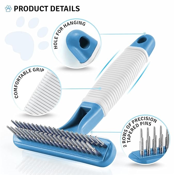 POODLIE Poodle Pet Dog Grooming Rake | Dematting Tool with Stainless Steel Shedding Comb for Pets | 2 Rows of Pins Gently Remove Loose or Tangled Hair from Undercoat (Blue)