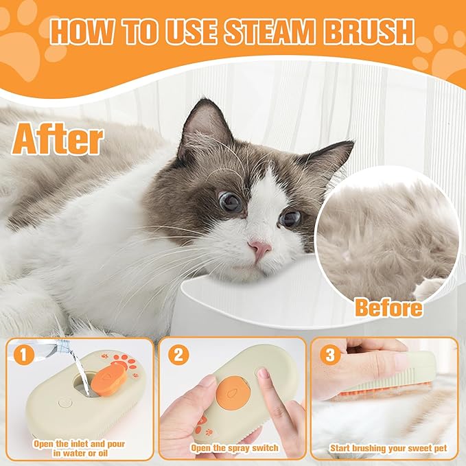 Steam Brush for Dogs Cats,Cat Steam Brush for Shedding,3 in 1 Steamy Cat Brushes,Silicone Pet Spray Hair Removal Comb for Grooming,Massage,Combing,Rechargeable Spritz Defur Comb for Cats Dogs Yellow