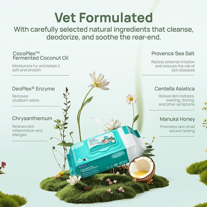HICC PET Wipes for Dogs & Cats, Cleansing Deodorizing & Soothing Allergy Infections Anal Gland Pets Wipes with Coconut Oil - Dog Grooming Wipes for Butt and Paw - Hypoallergenic & Vet Recommended