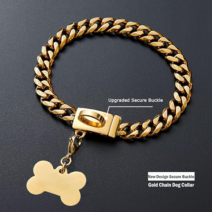 Gold Chain Dog Collar,13MM Strong Stainless Steel Cuban Link Chain Necklace Collar for Small Dogs(10'' Length)