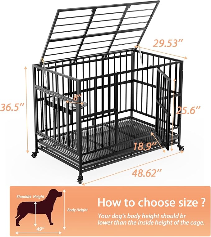 LOVMOR 48" Heavy-Duty Dog Crate with Wheels, Air-Lift Top, Dual 360° Adjustable Bowls – Ideal for Large Dogs