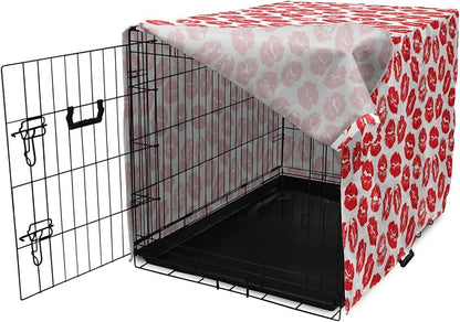 Lunarable Kiss Dog Crate Cover, Rhythmic Make up Red Luscious Lips Lipstick Imprint Illustration, Easy to Use Pet Kennel Cover for Medium Large Dogs, 48 Inch, Dark Pink and White