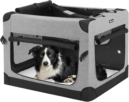 Veehoo 30 inch Folding Soft Dog Crate, 4-Door Portable Collapsible Pet Kennel Travel Dog Crate for Medium Dogs, 5 x Durable Mesh Screen, 600D Oxford Fabric, Indoor & Outdoor Use, Grey, CWB2428CP