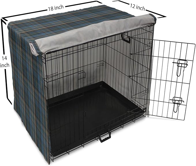Lunarable Plaid Dog Crate Cover, Striped Geometric British Pattern Modern Design Elements in Patel Colors, Easy to Use Pet Kennel Cover for Medium Large Dogs, 18 Inch, Azure Blue and Marigold