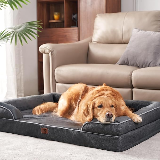 EHEYCIGA Orthopedic XL Dog Beds, Waterproof Memory Foam Dog Bed for Extra Large Dogs, Non-Slip Bottom and Egg-Crate Foam Big Dog Couch Bed with Washable Removable Cover, Dark Grey