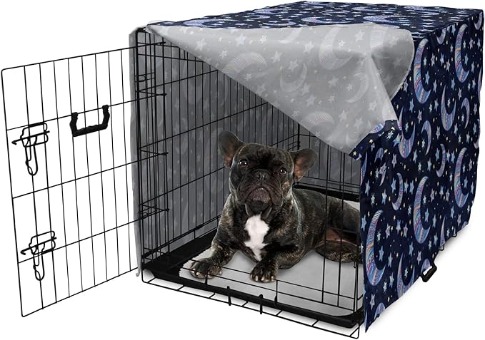 Lunarable Bohemian Stars Dog Crate Cover, Crescent Moon and Night Sky Elements Motif Curvy Background, Easy to Use Pet Kennel Cover for Cats & Medium Dogs, 24 Inch, Pink Blue