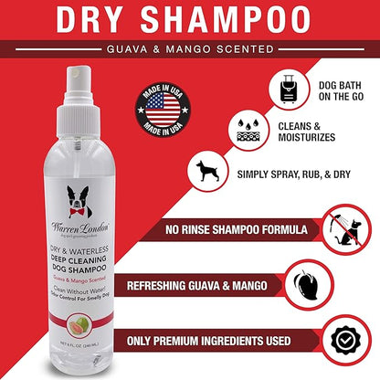 Warren London Dry & Waterless Shampoo for Dogs & Pets- No Rinse Dog Shampoo- Dog Dry Shampoo for Smelly Dogs- Waterless Shampoo Spray for Dogs- Waterless Pet Shampoo- Guava Mango Scent 8oz