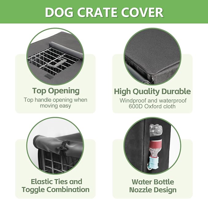 Dog Crate Cover 42 Inch - Waterproof Kennel Cover with Top Window, 600D Oxford Fabric Dog Cage Cover Fit for Most Double Door Wire Crate, Unique Drinking Hole Design, Black (Cover Only)