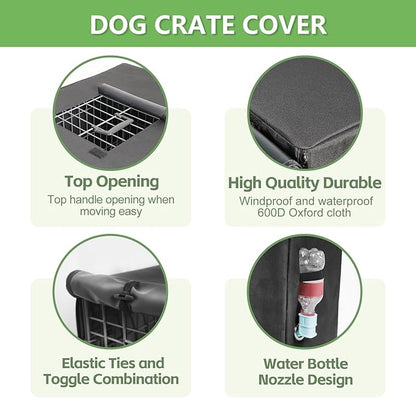 Dog Crate Cover 42 Inch - Waterproof Kennel Cover with Top Window, 600D Oxford Fabric Dog Cage Cover Fit for Most Double Door Wire Crate, Unique Drinking Hole Design, Black (Cover Only)