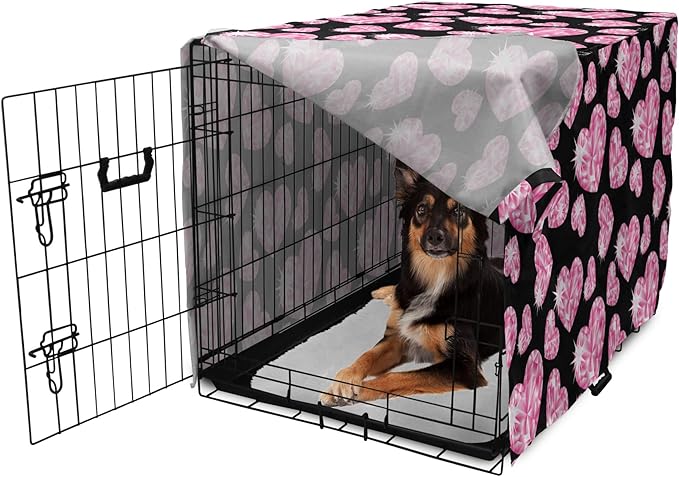 Ambesonne Diamonds Dog Crate Cover, Romantic Pink Heart Stones on Black Background Valentines Day Theme, Easy to Use Pet Kennel Cover for Medium Large Dogs, 36 Inch, Pink Black