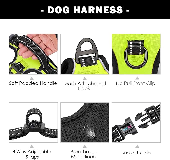 PHOEPET No Pull Dog Harnesses for Small Dogs Reflective Adjustable Front Clip Vest with Handle 2 Metal Rings 3 Buckles [Easy to Put on & Take Off](S, Green)