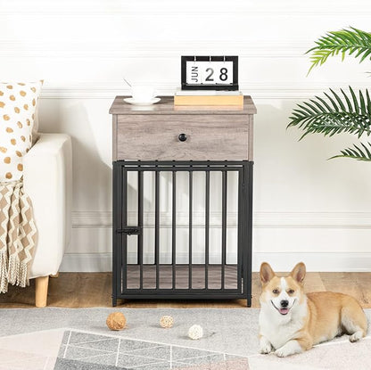 HOOBRO Dog Crate Furniture, Dog Crate Table, Decorative Dog Kennel with Drawer, Indoor Pet Crate End Table for Small Dog, Steel-Tube Dog Cage, Chew-Proof, Greige BG01GW03