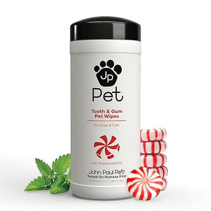 John Paul Pet Tooth & Gum Pet Wipes for Dogs and Cats, 2-in-1, Infused with Peppermint Oil, Safely Cleans Plaque, 45 Count
