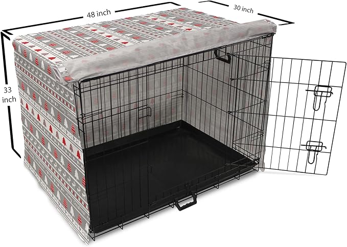 Ambesonne Christmas Dog Crate Cover, Xmas Border Deers Trees and Merry Christmas Lettering Bows Bells Image, Easy to Use Pet Kennel Cover for Medium Large Dogs, 48 Inch, Grey White and Red