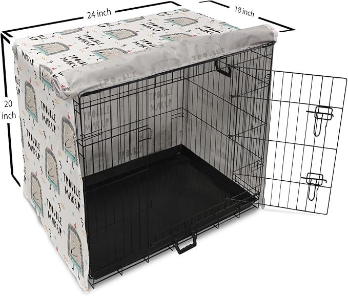 Lunarable Cartoon Dog Crate Cover, Hedgehog Trouble Maker Lettering with Apple and Stars Bad Boy Print, Easy to Use Pet Kennel Cover for Cats & Medium Dogs, 24 Inch, Pearl Pale Blue