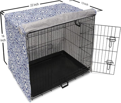 Lunarable Traditional Dog Crate Cover, Circular Flowers and Stripes Russian Gzhel Pattern Classic Motifs, Easy to Use Pet Kennel Cover for Small Dogs Puppies Kittens, 22 Inch, Pale Blue