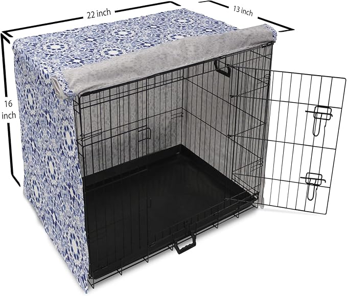 Lunarable Traditional Dog Crate Cover, Circular Flowers and Stripes Ethnic Gzhel Pattern Classic Motifs Art, Easy to Use Pet Kennel Cover for Small Dogs Puppies Kittens, 22 Inch, Pale Blue