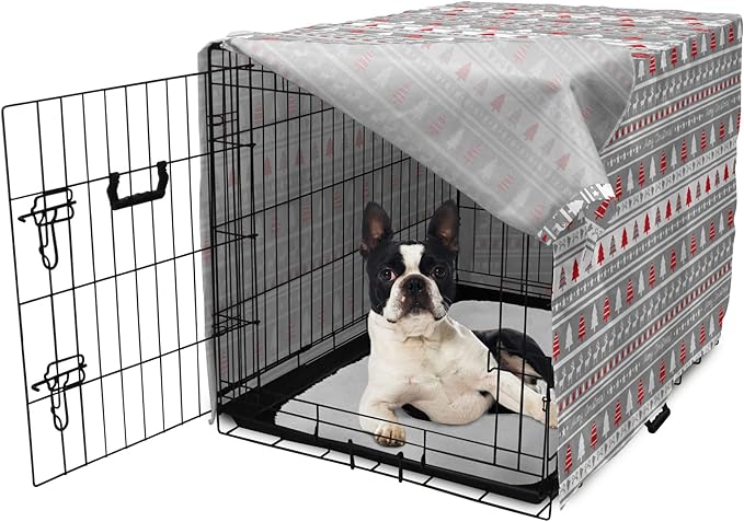 Ambesonne Christmas Dog Crate Cover, Xmas Border Deers Trees and Merry Christmas Lettering Bows Bells Image, Easy to Use Pet Kennel Cover for Small Dogs Puppies Kittens, 22 Inch, Grey White and Red