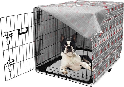 Ambesonne Christmas Dog Crate Cover, Xmas Border Deers Trees and Merry Christmas Lettering Bows Bells Image, Easy to Use Pet Kennel Cover for Small Dogs Puppies Kittens, 22 Inch, Grey White and Red