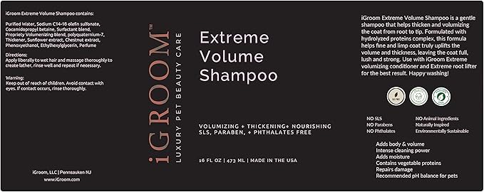 iGroom Extreme Volume Dog Shampoo, Luxury Pet Beauty Care, Adds Body and Volume, Repairs Damage, Made in USA, 16 oz