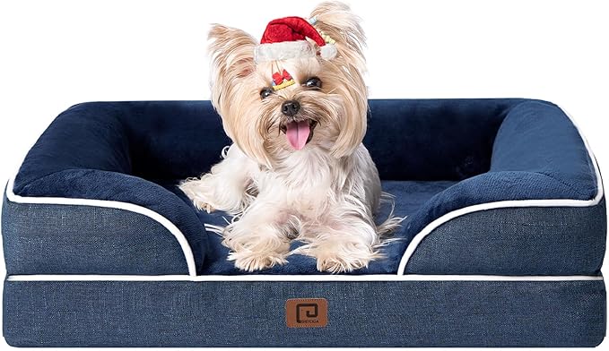 EHEYCIGA Orthopedic Dog Bed for Small Dogs, Waterproof Memory Foam Small Dog Beds with Sides, Non-Slip Bottom and Egg-Crate Foam Medium Dog Couch Bed with Washable Removable Cover, Navy