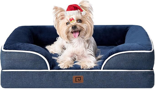 EHEYCIGA Orthopedic Dog Bed for Small Dogs, Waterproof Memory Foam Small Dog Beds with Sides, Non-Slip Bottom and Egg-Crate Foam Medium Dog Couch Bed with Washable Removable Cover, Navy