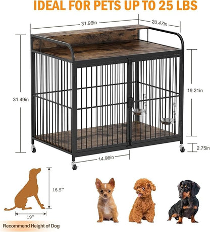 32 Inch Dog Crate Furniture, Dog Cages with Adjustable Feeder Height, Ideal for Small Dogs, Equipped with 360-Degree Swivel Casters for Smooth Mobility, Rustic Brown
