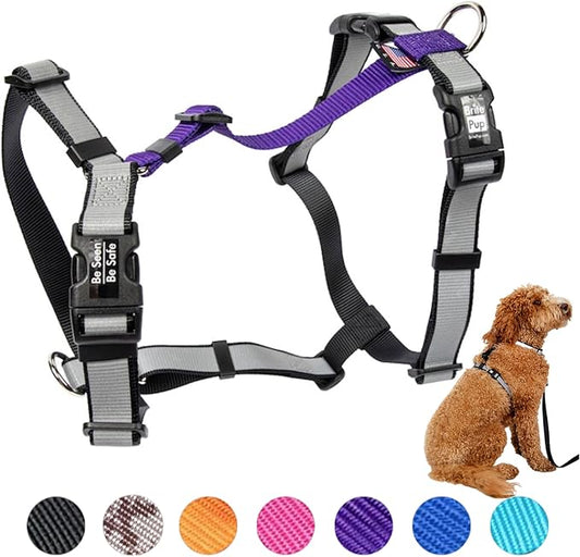 No Pull Dog Harness Medium Sized Dog - Fully Customizable Fitment - 3M Reflective Heavy Duty Harness for Walking & Training - No Choke Comfortable Collar Design, Made in USA M-Purple