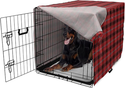 Lunarable Buffalo Plaid Dog Crate Cover, Arrangement with Lumberjack Themes Geometric Concept Pattern Print, Easy to Use Pet Kennel Cover for Medium Large Dogs, 42 Inch, Vermilion and Grey
