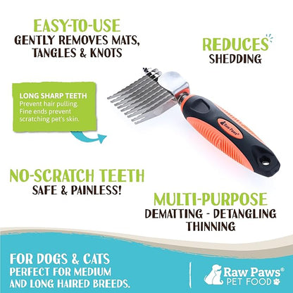 Raw Paws Dematting Comb - 1 ct, Long Blades & Safety Edges, For Cats and Dogs - Removes Mats, Tangles & Knots