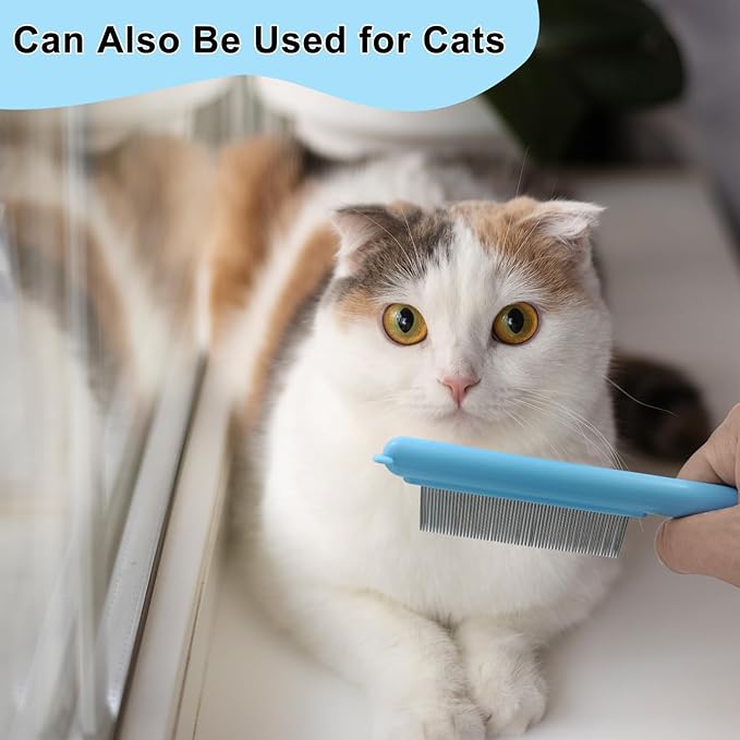 Cute Plastic Dog Comb with Stainless Steel Bristles and Furry Ears Design - Pet Grooming Tool for Removing Dirt and Tangles （Blue）