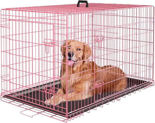 PayLessHere Large Dog Crate Kennel for Medium Large Dogs Metal Dog Cage Double-Door Folding Travel Indoor Outdoor Puppy Playpen with Divider and Handle Plastic Tray (42 Inch, Pink)