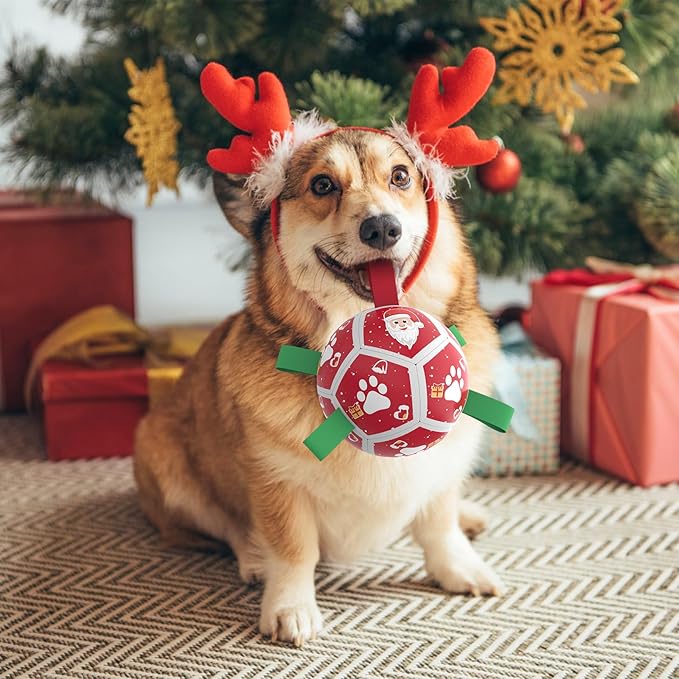 QDAN Christmas Dog Toys Soccer Ball with Straps, Outdoor Interactive Dog Toys for Tug of War, Puppy Birthday Gifts, Dog Tug Toy, Dog Water Toy, Durable Dog Balls for Small Dogs（5 Inch）