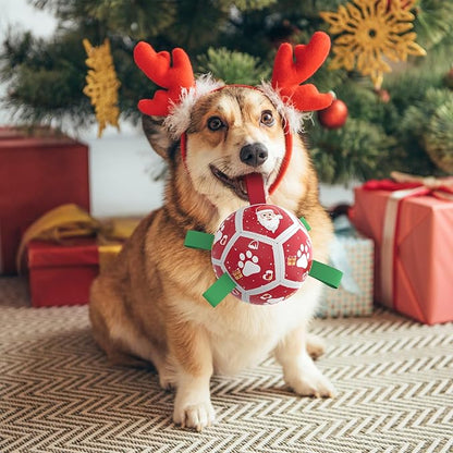 QDAN Christmas Dog Toys Soccer Ball with Straps, Outdoor Interactive Dog Toys for Tug of War, Puppy Birthday Gifts, Dog Tug Toy, Dog Water Toy, Durable Dog Balls for Small Dogs（5 Inch）